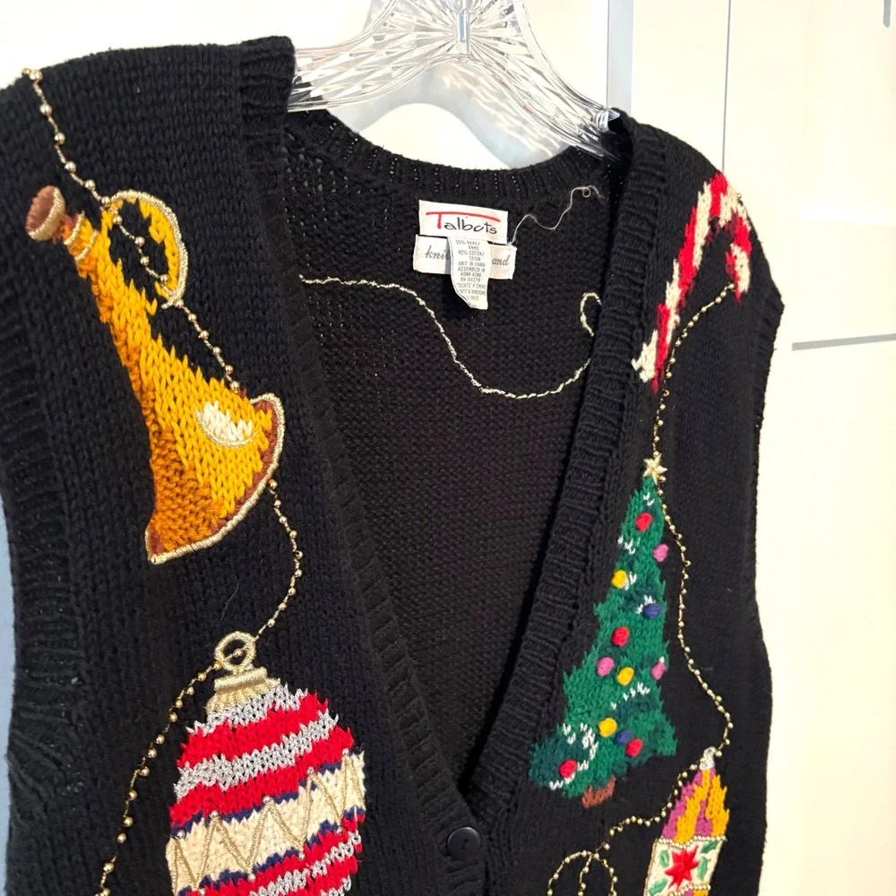 Talbots Women's Black Hand Knit Beaded Embroidered Christmas Sweater Vest Size M